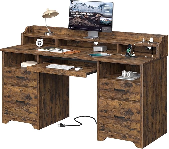 Bestier Farmhouse 59 Executive Desk with Drawers Wood Computer Desk with Charging Station Home Office Desk with Keyboard Tray &amp Monitor Stand Sturdy Pedestal Desk for Work Study Rustic Brown