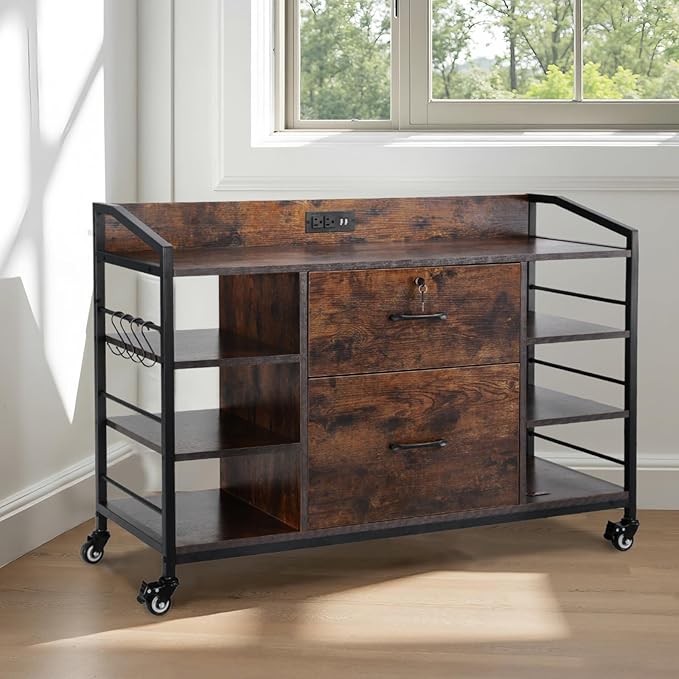 VEVOR 2 Drawers Metal File Cabinet Lateral Filing Cabinet with Lock and 6 Open Shelves Wooden Wide Filing Storage Cabinets with Power Strip for Letter A4 Legal Size File Easy Assembly Brown