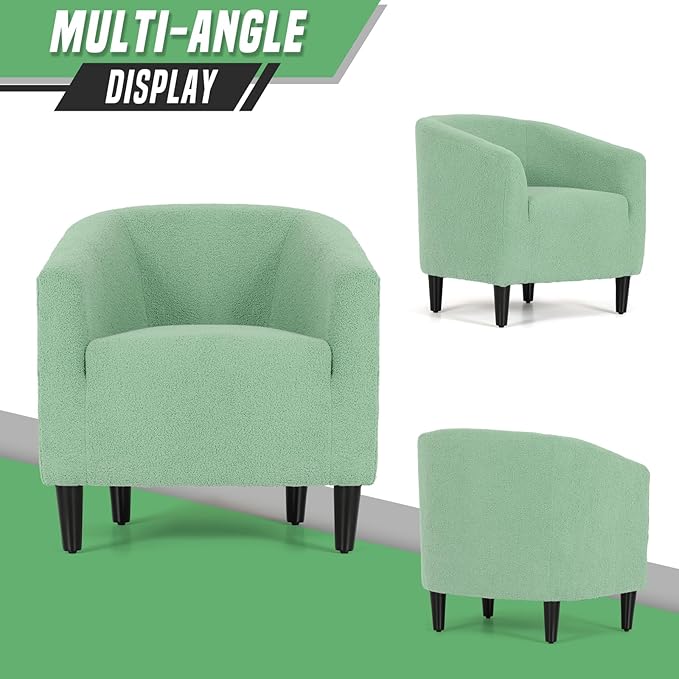 Modern Barrel Chair Furry Sherpa Accent Chair with Wood Legs Elegant Upholstered Armchair Single Sofa Chair for Bedroom Living Room Office Green