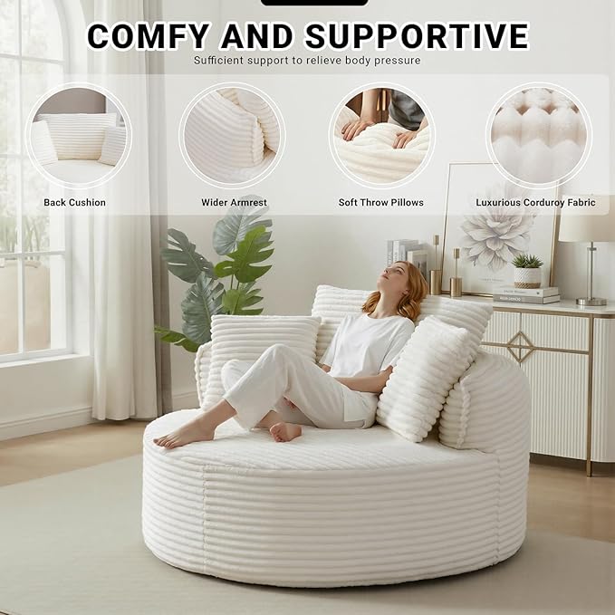 Oversized Round Lounge Chair Indoor Corduroy Upholstered Deep Seat Cloud Circle Sofa Chair Fluffy Boneless Sleeper Chair for Reading &amp Lounging No Assembly Required (Beige)