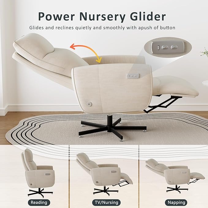 Power Swivel Recliner Chair Modern Electric with USB &amp Type-C Ports Upholstered Velvet Swivel Recliner Chair 360° Swivel for Office &amp Living Room Easy Assembly (Beige)