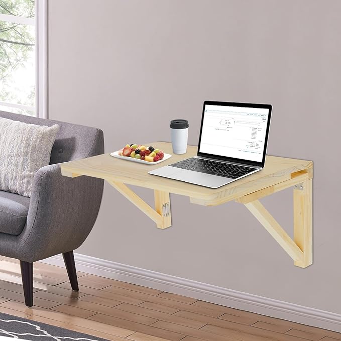 Wall Mounted Folding Table - 31.5 Pine Wood Drop Leaf Desk Space-Saving Wall Desk for Small Spaces Rustic Floating Shelf for Small Spaces Kitchen Laundry Room Home Office Wood Color