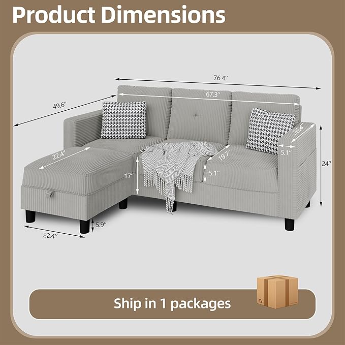 Nuturelly Sectional Sofa Couch Convertible L Shaped Sofas with Storage Ottoman Small Sectional Couches for Living Room 3 Seater Couch with Linen Fabric for Small Spaces Light Gray