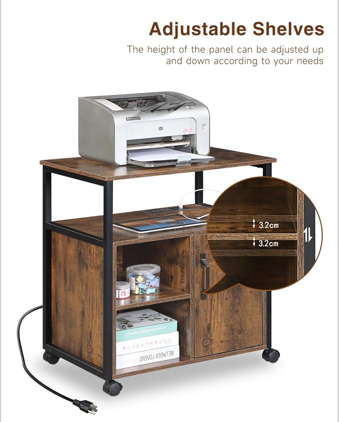 Hassyee Metal Side Frame Office Filing Cabinets with Socket and USB Charging Port Printer Stand File Cabinet with Storage for A4 Letter Size Easy Installation