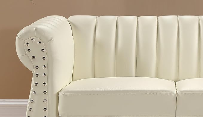 Chesterfield-Inspired 77 Faux Leather Sofa with Elegant Design Gourd Legs and Sustainable Pleather Upholstery 3 Seater Couch for Living Rooms and Offices Cream White