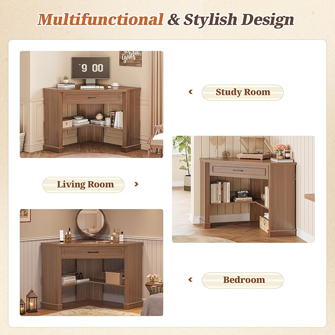 SEDETA Corner Desk for Small Space Corner Computer Desk Small Computer Desk with Drawers and Storage Shelves for Home Office Living Room Bedroom Brown