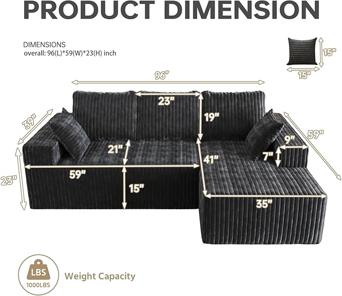 96 Cloud Sectional Couch with L-Shape Chaise4 Seat Modern Modular Sofa with Side PocketsUpholstered Couches for Living Room Bedroom Boneless CouchNo Assembly Required