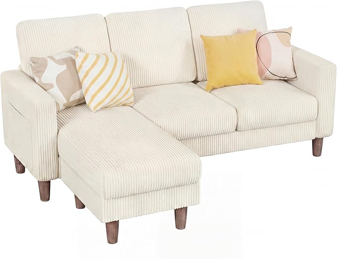 Homall 3 Seat Couch L Shape Sofa with Side Storage Pockage Sectional Couches with Reversible Ottoma Upholstered Sofa for Living Room and Small Spaces (Corduroy White)