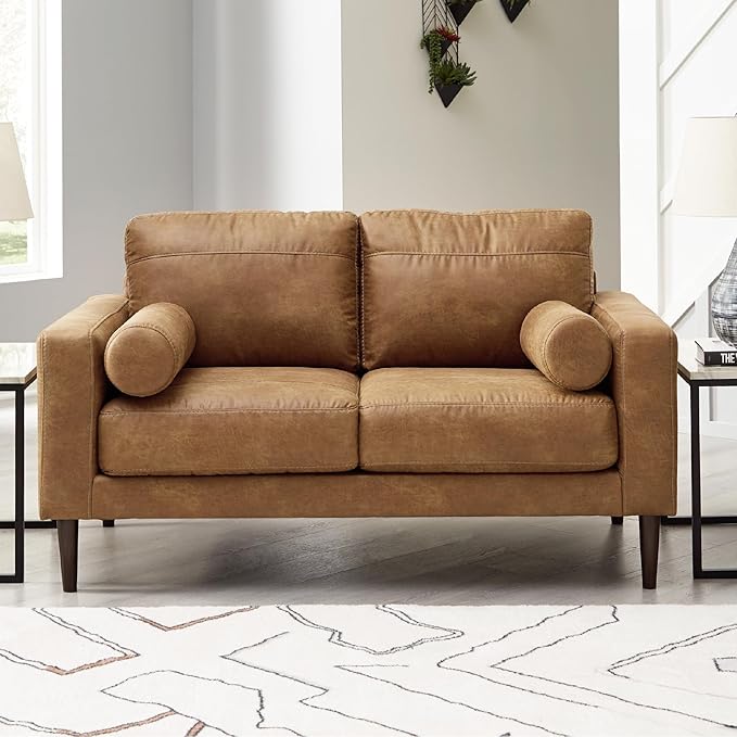 Signature Design by Ashley Telora Modern Faux Leather Loveseat with 2 Bolster Pillows Dark Brown