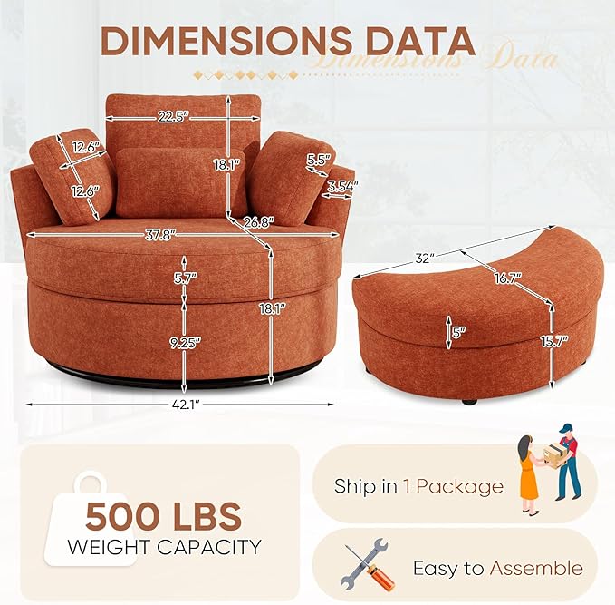 Oversized Swivel Accent Chair with Half Moon Storage Ottoman 42 W Chenille Round Swivel Barrel Chair Modern Upholstered Comfy Single Sofa Armchair for Living Room Bedroom Club(Orange)