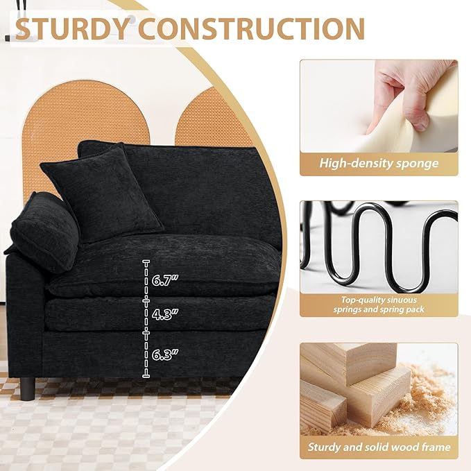 Oversized Modular Sectional Sofa 111.8 Inch U Shaped Cloud Couch Set 3-Seat Comfy Chenille Convertible Sofa with 2 Movable Ottoman DIY Combination Sleeper Couch for Living Room Black