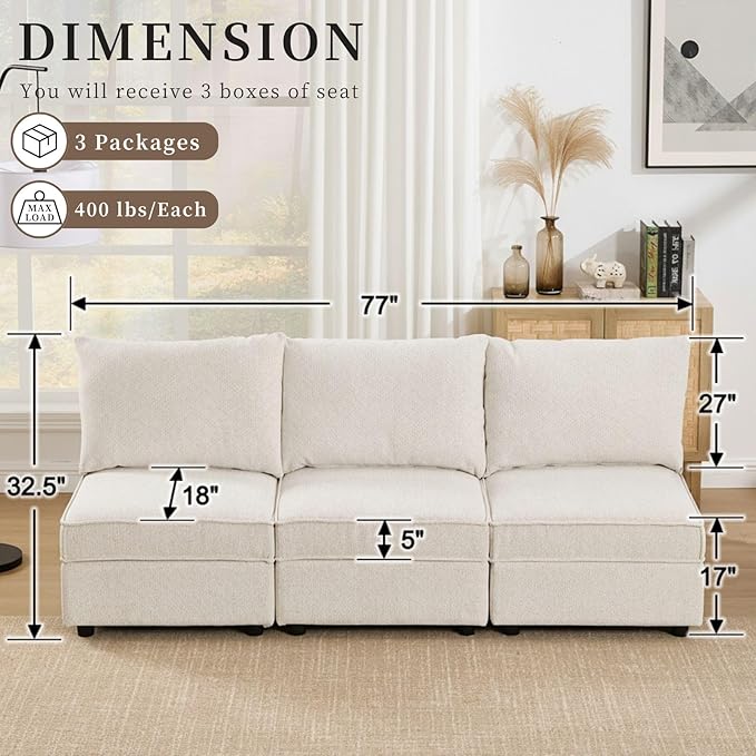 90 Inch Modular Sectional Sofa Couch 3 Seater Sofa with Storage Place Modern Cozy Cloud Convertible Sofa Couch for Living Room/Apartment Chenille Fabric Beige