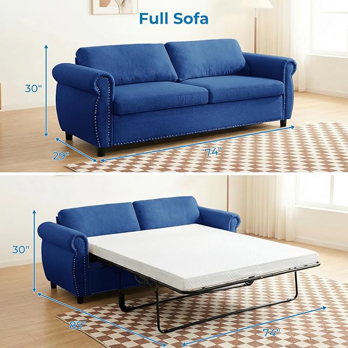Mjkone 2 in 1 Pull Out Sofa Bed Full Size with Tri-Folding Mattress Convertible Sleeper Sofas Couch with Pullout Bed Pull Out Couch Beds with Nailhead Armrests for Living Room Home Office Blue