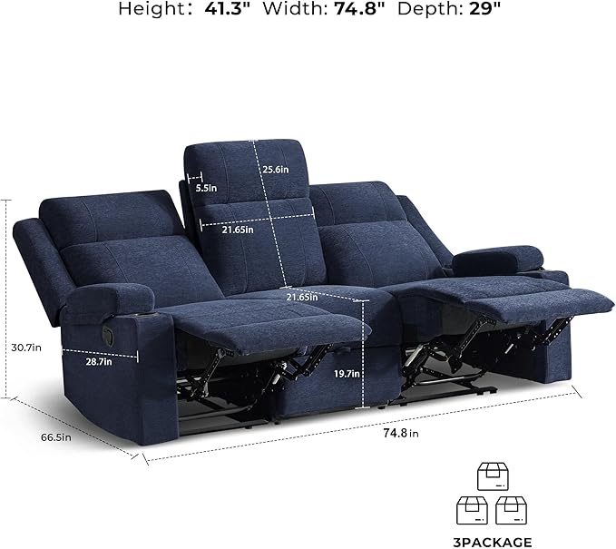 Large Manual Reclining Sofa 3-Seater Chenille Recliner Couch with Cup Holders Wide Seat Easy Assembly &amp Spill-Resistant Fabric Cozy Reclining Sofa for Living Room Apartment RV Blue