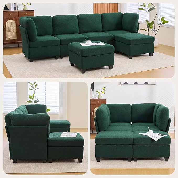 113 U Shaped Modular Sectional Sofa Couch with Storage Ottoman 6 Seat Convertible Upholstered Deep Seat Sleeper Sofa with Chaise Lounge Cloud Couch for Living Room Emerald Green