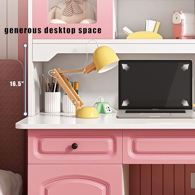 HM&ampDX Study Desk with Hutch &amp Bookshelf &amp DrawersWooden Computer Desk Home Office Desk Teenager DeskCute Writing Study Desk Bookshelf Combo for Girl Boy(31.5inch White)