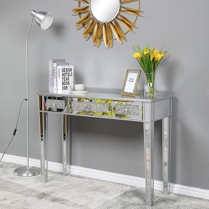 Vanity Desk with 2 Drawers Silver Mirror Desk Modern Makeup Vanity Table MirroredWriting Computer Standing Desk Corner Desk End Table 42 Computer Desk Home Office Desk for Writing Study Bedroom