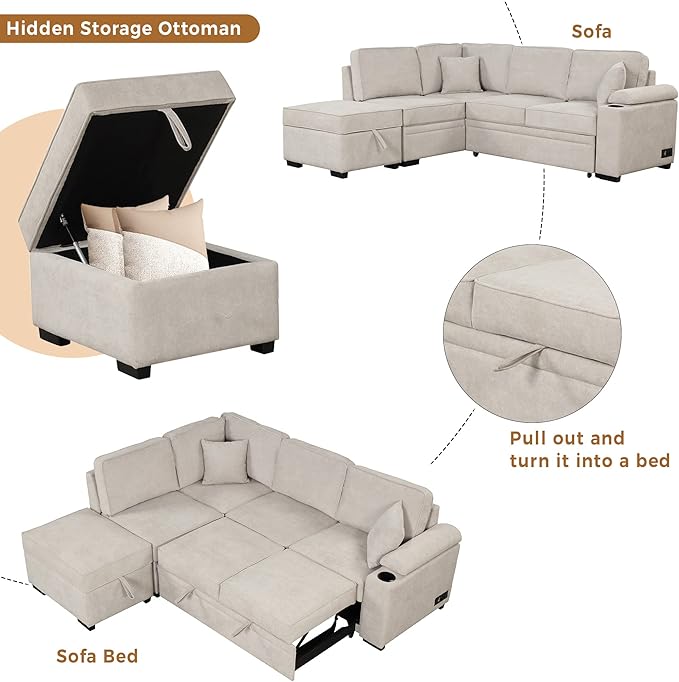 Linen L-shape Reversible Sleeper Sectional Sofa Couch with Storage Ottoman 2 in 1 Pull Out Convertible Sofa Bed with Cup Holders and USB Charging Port for Living Room Apartment Office (Beige-LI)