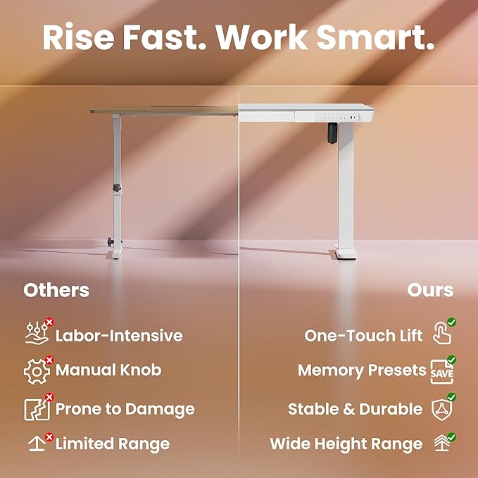 HUANUO Glass Standing Desk with Drawers 48 x 24 Inch Electric Adjustable Height Desk Quick Install One-Piece Tabletop with USB Charging Ports White