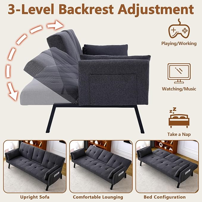 72 Cotton Linen Futon Couch Living Room Couch Bed Convertible Sleeper Sofa Bed with Cup Holder for Bedroom Guest Bed 2 Seater Reclining Sofas Couches with Nailhead Trim for Small Space (DARK GREY)