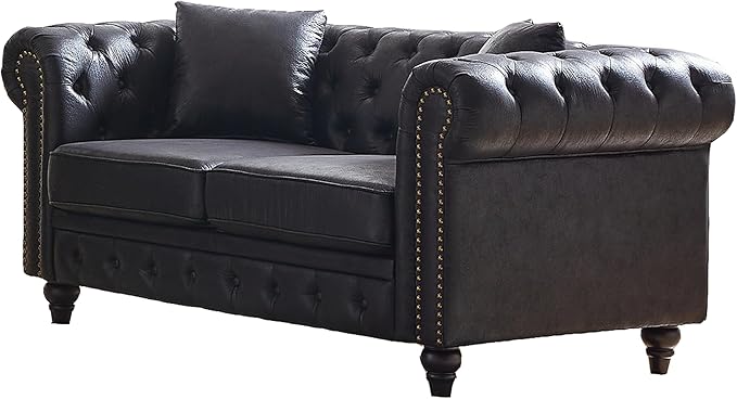Mid Century Modern Couch 63.5 Chesterfield Sofa Tufted Loveseat w/ Nailhead Trim Rolled Arms Comfy Upholstered Deep Seating Settee Love Seat for Living Room Office (Leather Black 2 Seater)