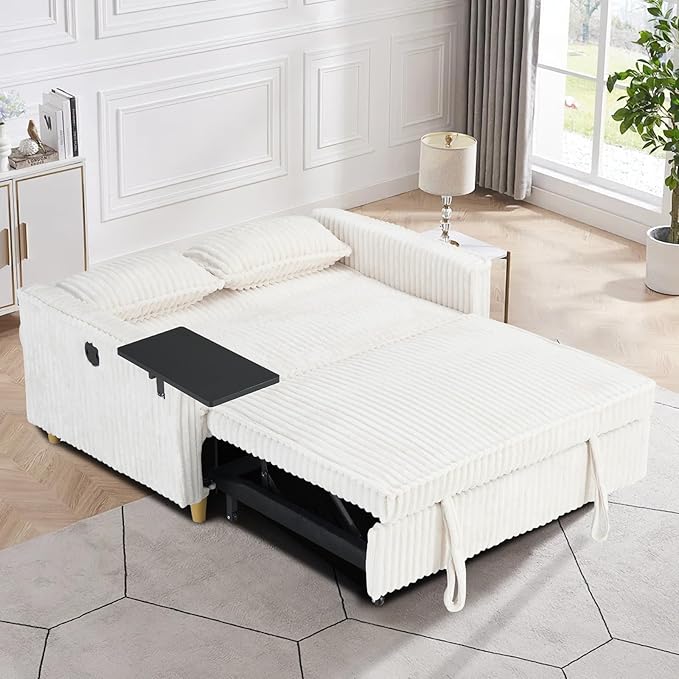 54W Convertible Sleeper Sofa Bed3-In-1 Corduroy Pull Out Couch BedFuton Loveseat Sleeper Couch with Adjustable Backrest &amp USB Ports &amp Side TableRecliner for Office/Living Room/Small Space(