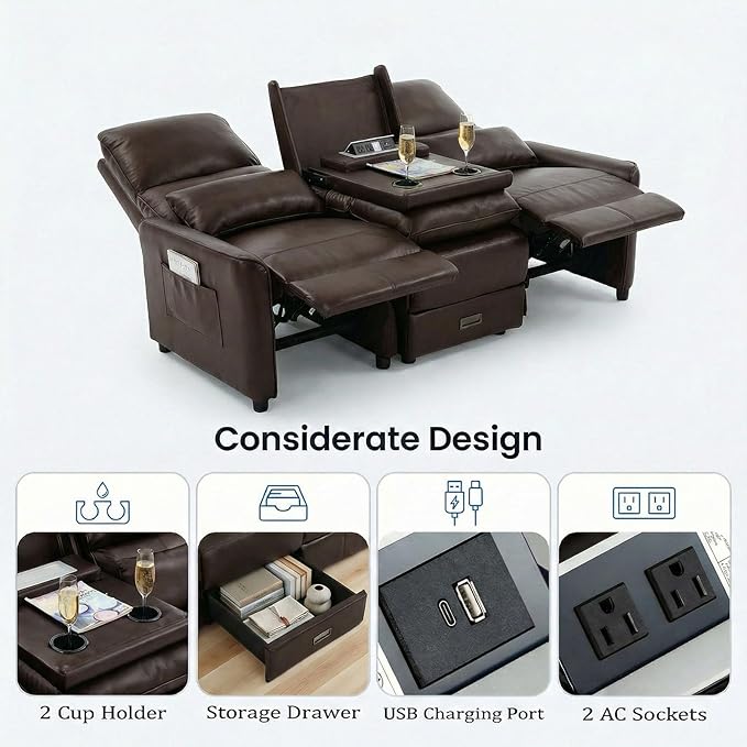 MANBUR 74 RV 3 Seater Recliner Sofa with Flip Backrest &amp Drawer Manual Reclining Couch with USB Ports AC Outlets &amp Cup Holders for RV Living Room Home Theater Seating PU Brown