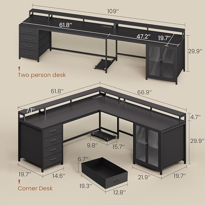 SEDETA L Shaped Gaming Desk with 4 Drawers 109” Computer Desk with Display Cabinet Home Office Desks with 2 Monitor Stands CPU Stand LED Lights and Power Outlet Black