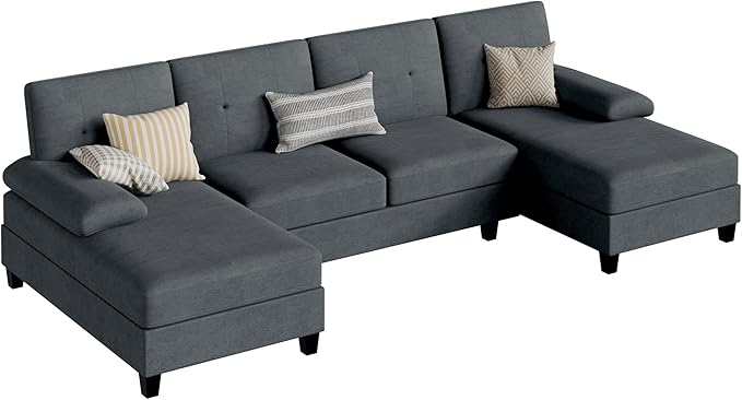 JY QAQA Sectional Couche with Soft Cushion U-Shaped Sofa with Double Chaise 4-Seat Linen Fabric Sofa Sets for Living Room Apartment Black