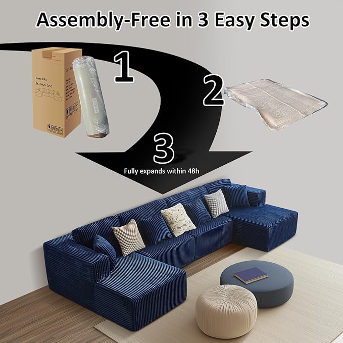143 Oversized Cloud Boneless Couch with Chaise Modern Modular Sofa with Deep Seat Various Combinations Upholstered Couches for Living Room No Assembly Required Blue