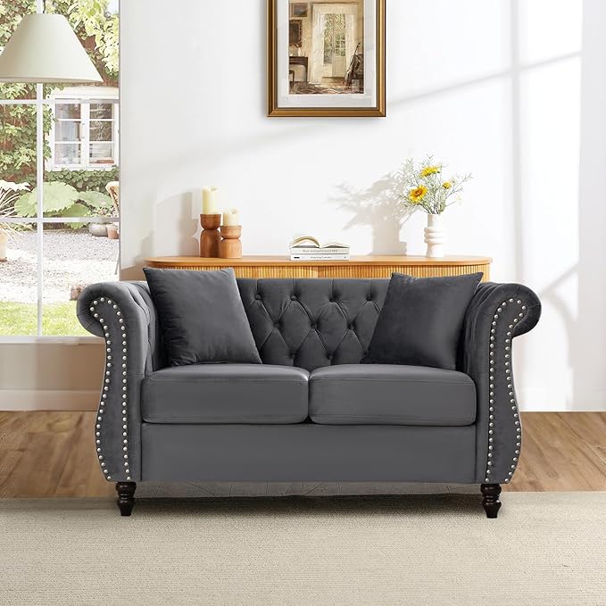 Chesterfield Sofa58 Button Tufted Velvet Couch with Rolled Arms&ampNailhead TrimComfy 2 Seater Loveseat SofaOversize Mid Century Modern Couch for Living RoomBedroomApartmentOffice(Grey)