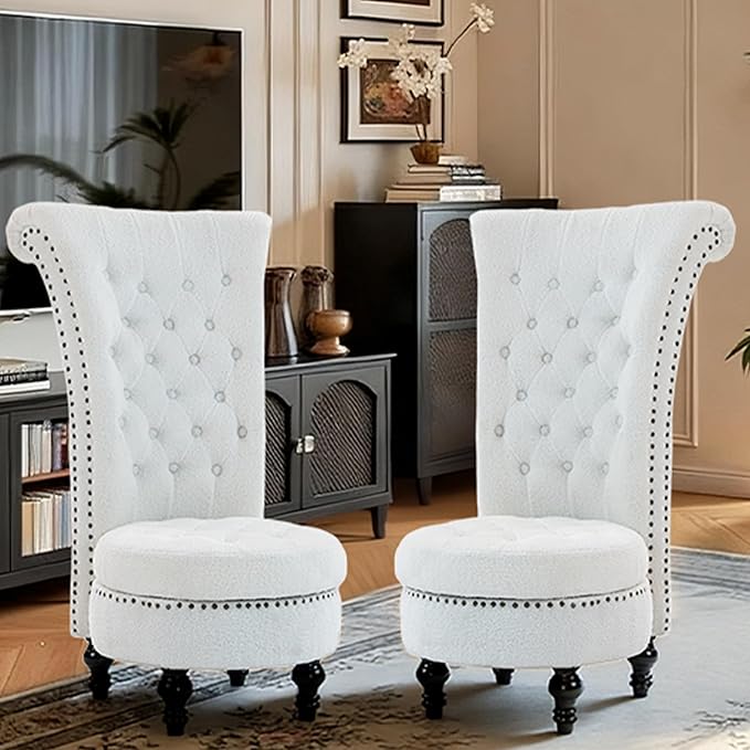 High Back Throne Royal Chair Set of 2 Velvet Armless Accent Chairs with Storage Nailhead Trim Solid Rubberwood Legs for Living Room Bedroom White