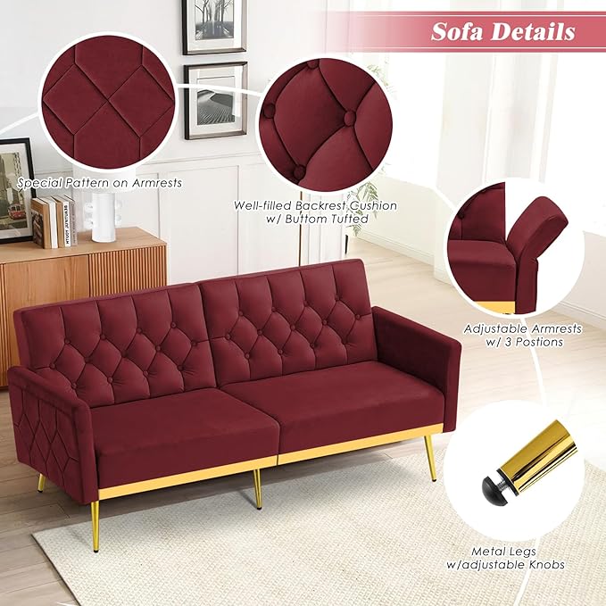 Velvet Sofa Bed w/Adjustable Armrests &amp Backrests Modern Convertible Sleeper Sofa Tufted Futon Sofa for Bedroom Living Room Apartment Red