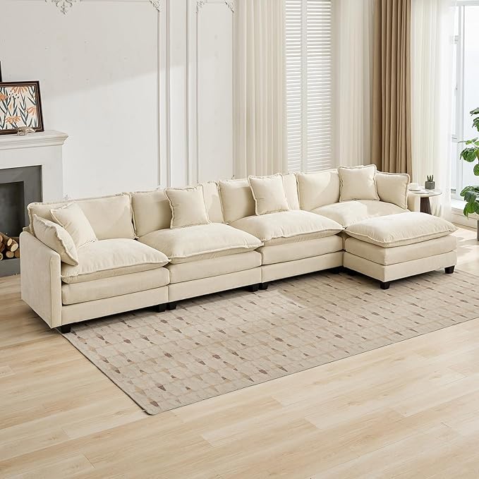 Beige Ottoman for Modular Sectional Sofa Chenille Fabric Cloud Couch Ottoman Oversized Sectional Seating for Living Room Bedroom Apartment Sofas para Sala
