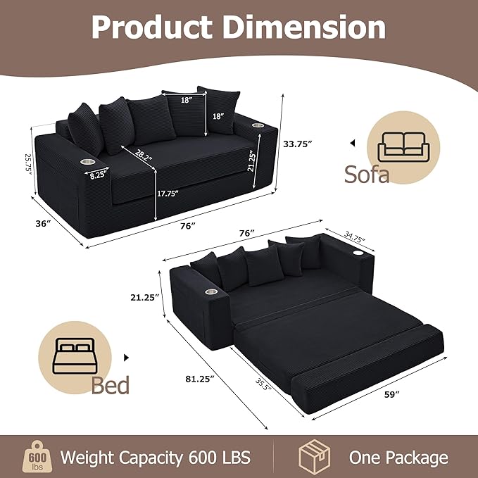 76 Convertible Sofa Bed 3-in-1 Loveseat Folding Couch with Cup Holder &amp Pocket Corduroy Boneless Pull-Out Sofa with 5 Pillows Deep Seat Futon for Living Room Apartment No Assembly Needed Bl