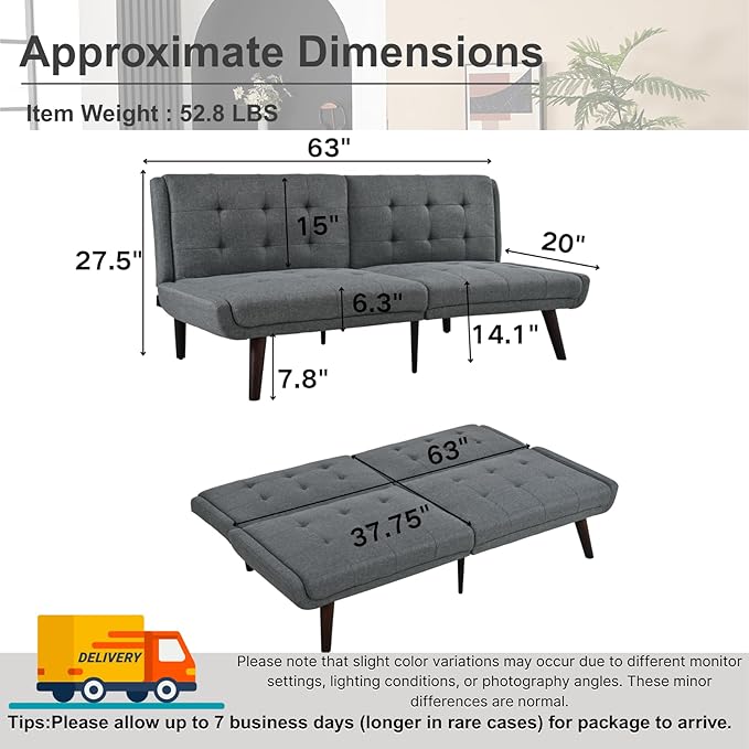 63 Loveseat Sofa Convertible Sofa Bed 5-Position Adjustable Backrest Sleeper Chair Guest Bed for Studio Apartment Basements Cabins Dorm Grey.