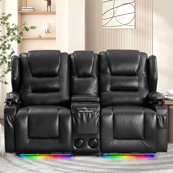 Loveseat Power Recliner Sofa Couch Electric Reclining Sofa Chair for Living Room with Multi-Function Console/Cup Holders/LED Ambient Light