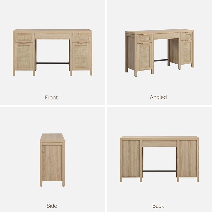 SICOTAS Rattan Executive Desk with Storage - Larger Home Office Desk with Drawers and Cabinets Farmhouse Boho Computer Table Vanity Desk for Study Office Living Room Light Oak (2 Pieces)