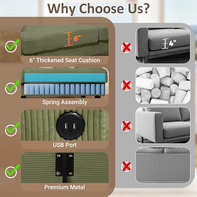 Loveseat Sofa Couches for Living Room 70 Love Seat Sleeper Sofa with USB Upgrade Upholstered 2-Seater Deep Seat Couch Corduroy Small Couch for Bedroom Apartment Office (Light Green)