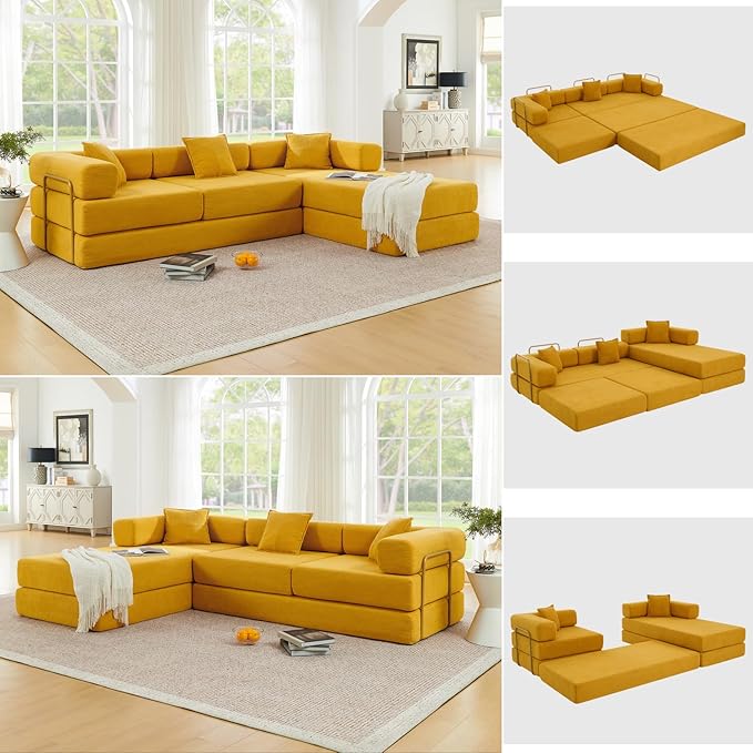 108 Modular Sectional SofaFuton Convertible Sofa BedOversized Corduroy Boneless Couch for Living RoomFloor Loveseat Sleeper with Pull Out BedFree CombinationNo Assembly Required (Yellow)