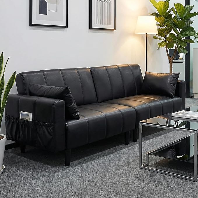 83 Mid Century Modern Futon Sofa Bed 3 Seater Faux Leather Couch with Adjustable Backrest Comfy Upholstered Sleeper Sofa for Living Room Apartment Home Office (Black)