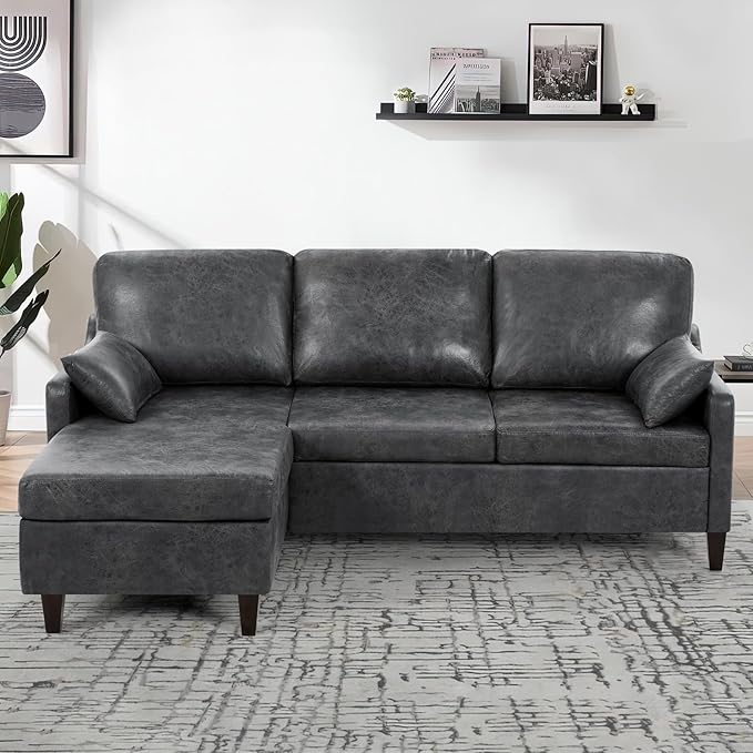 76 Sectional Sofa Couch with Reversible Chaise Suede Leather L Shaped Sofa w/USB Charger Ports &amp Storage Bag Convertible Modern Couch w/Storage Space for Living Room Small Space Grey