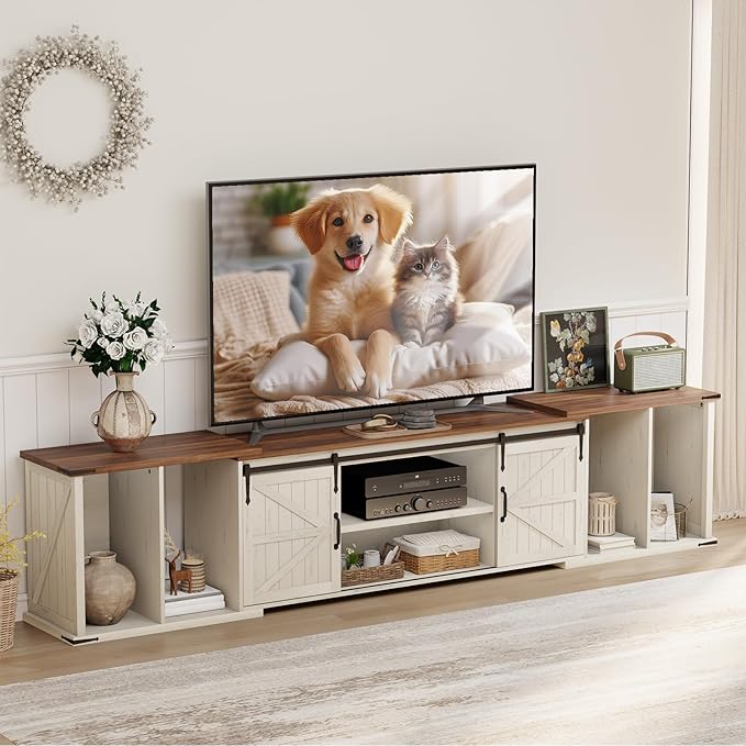 Extendable TV Stand Entertainment Center for 85 95 105 Inch TV Farmhouse TV Stand with Large Capacity Storage and Sliding Doors Media Console for Living Room Length 86-113 White