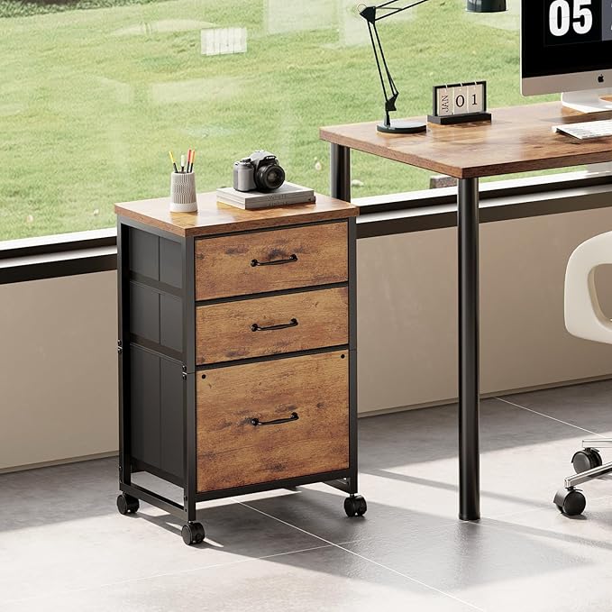 3 Drawer Mobile File Cabinet with Wheels Fabric Vertical Filing Cabinet fits A4 or Letter Size for Home OfficeRustic Brown2