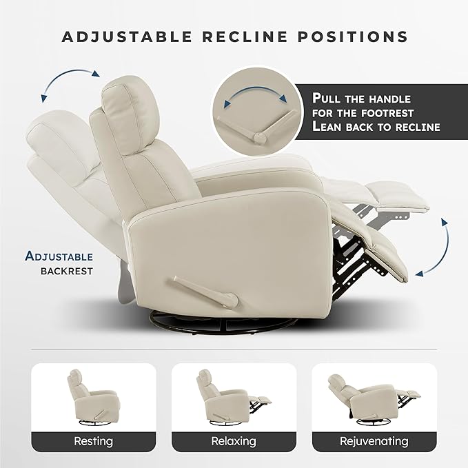 Lexicon Swivel Glider Reclining Chair Top Grain Leather Match Manual Pull Handle Recliner Comfy Nursery Glider Recliner Swivel Reclining Chair for Living Room/Office/Bedroom/Apartment Beige