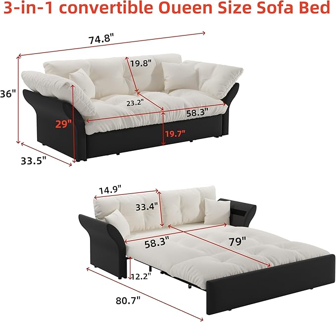 74.8 Queen Size Futon Sofa Bed Love Seat Sleeper Bed Small Space Sleeper Sofa Couch with Pullout Bed 3 in 1 Velvet Futons Convertible Sofa Bed for Living Room Apartment Beige