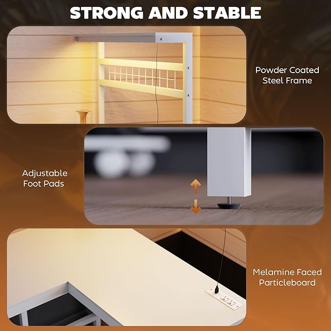 HOMCOM Gaming Desk 62 L Shaped Desk with Power Outlets &amp LED Lights 86 2 Person Computer Table with Shelf &amp Rolling CPU Stand Reversible Corner Office Table with Hutch White