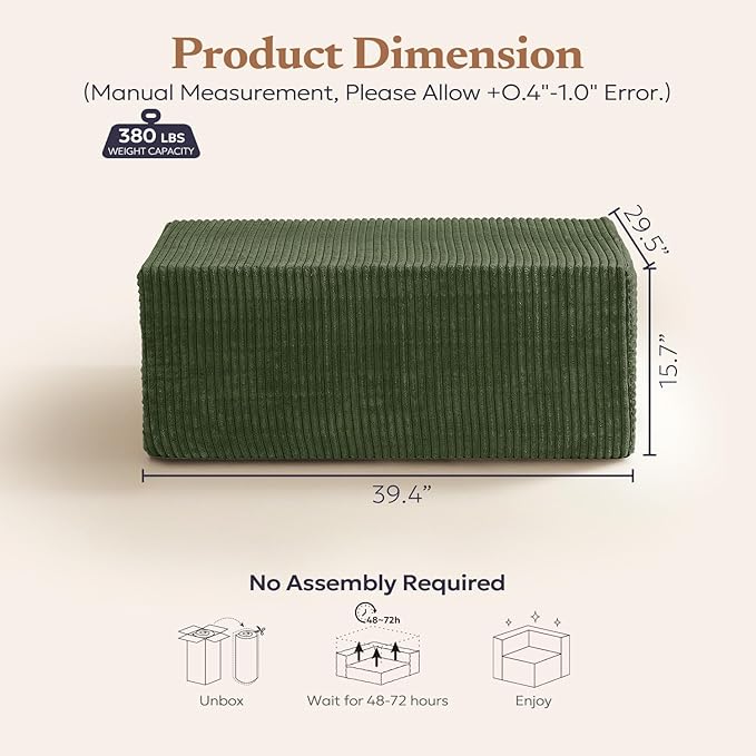 40 Memory Foam Couch Footrest Cloud Modular Sofa Ottoman Upholstered Floor Sofa Ottoman Upholstered Sofa for Bedroom Living Room No Assembly Required (Green Plush Corduroy Fabric)