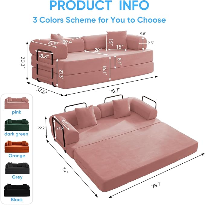 Mjkone 78.7 W Convertible Folding Mattress Couch with Armrest Corduroy Floor Sofa Bed with Metal Fixed-Shape Frame 5-in-1 DIY Futon Lazy Sofa Cama Lounge Couch for Living Room Bedroom Studio Pink