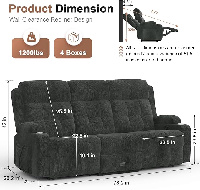 Recliner Sofa Fabric Reclining Sofa 3 Seater Massage Flip Back Sets with Heavy Weight Capacity RV Loveseat Clearance Recliner Couch with Storage Cup Holders Wall Hugger Couches for Living Room